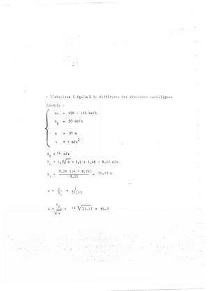 - l ' a b s c i s se l ê g a l � â l � d i f f ê r e n c e d e s ab s c i s s e s c u rv i l i g n e s
E'xcmp l e
( Vo 1 00 - I l 0 km / h
v 50 km / h
E
R 30 rn
y 1 rn/ s
2
V �
1 4 rn/ s
E
v � 1 , 5{;" .. 1 , 5 x 5 , 4 8
c
a
A
8 , 2 2 ( 1 4 - 8 , 2 2 )
2 , 2 5
= L
R
l
V
E
= -- �
y;
1
rr:- 1 3
1 4 �3
8 , 2 2 rn/s
2 1 , 1 3 rn
64 , 3
 