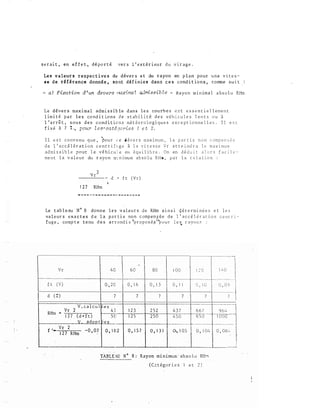 s e r a i t , en e f f e t , d é p o r t é v e r s l ' e x t é r i eu r d u v i r a g e .
Le s v a l eur s r�spec t ive s du dév er s e t du r ayon en p l a n p o u r u n e v i t e s ­
s e d e r ê f é r ence donnée , sont d é f i n i e s dans c e s c o nd i t i o n s , comme s u i t
- a) Fixation d ' un devers ���;ma r admissib l e - Ka y o n m i n im a l a b s o l u RHm
L e d év e r s max ima l admi s s ib l e d an s l e s cou rb e s e s t e s s e n t i e l l em e n t
l im i t é p a r l e s co nd i t io n s d e s t ab i l i t é d e s v éh i cu l e s l e n t s o u â
l ' a r r ê t , s o u s d e s cond i t io n s mé t é o r o l o g i q u e s e x c e p t i o n n e l l e s . I l e s t
f i xé à 7 % ., pour l e s • ca té�;ories 1 e t 2 .
I l e s t c o nv e nu q u e , �ou r c e d év e r s max imum , l a p a r t i e n o n c omp e n s ê e
d e l ' a c c é l é r a t i o n c e n t r i f u g e â l a v i t e s s e V r a t t e i n d r a l e max i mum
a d m i s s i b l e p o u r l e v é h i c 11 1 e en é qu i l i b r e . On en d é d u i t a l o r s f a c i l e ­
me n t l a v a l e u r du r a y o n m i n imum ab s o l u RHm , p a r l a r e l a t i o n :
v r 2
---- - d =- f t ( V r )
1 2 7 RHm
Le t ab l e au N ° 8 donne l e s v a l e u r s d e RHm a i nsi q é t e rm i n ê e s e t l e s
va l e u r s e x a c t e s d e l a p a r t i e n o n c omp e n�é e d e l ' a c c é l é r a t i o n c e n t r i ­
f u g e , comp t e t e nu d e s a r r o nd i s �r o p o s é � p o u r l e s r a y o n � :
...
V r
t----
f t (V)
d ( % )
V . ca l cu l
RHm -
Vr 2
1 2 7 ( d + f t )
v adop t
f 1
Vr 2
.;..0 , 07
1 2 7 RHm -
-
�
4 0 6 0 8 0 1 0 0 1 2 ()
0 , 2 0 0 , 1 6 0 ' 1 J 0 , I l 0 , 1 0
7 7 7 7 7
E! e s
4 7 1 2 3 2 5 2 4 3 7 6 6 7
5 0 1 2 5 2 5 0 4 5 0 6 5 0
ê e s f--
o , 1 8 2 0 , 1 5 7 0 , 1 3 1 � 1 05 0 , 1 0 4
-
TABLEAU N " 8 :- Rayon -mi n imurrf:"- ab_-s o l u RR"l
( C� t égor i e s 1 e t 2 )
1
.__��._o_l1
0 , 0 9
17
9 6 �.
1
1 0 00
0 , 0 8 :. l
-
1_L____ _;
 