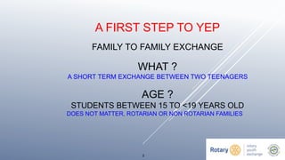 2
A FIRST STEP TO YEP
FAMILY TO FAMILY EXCHANGE
WHAT ?
A SHORT TERM EXCHANGE BETWEEN TWO TEENAGERS
AGE ?
STUDENTS BETWEEN 15 TO <19 YEARS OLD
DOES NOT MATTER, ROTARIAN OR NON ROTARIAN FAMILIES
 