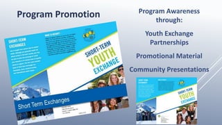 Program Promotion Program Awareness
through:
Youth Exchange
Partnerships
Promotional Material
Community Presentations
 
