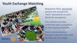 Respective YEOs personally
present the prospective
“twin” documents to each
family for acceptance.
The matches are then
confirmed upon acceptance
by the reciprocal families.
Direct communication
between matched twins and
families can then begin.
Youth Exchange Matching
 