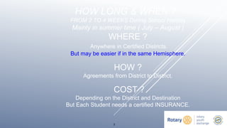 3
HOW LONG & WHEN ? :
FROM 2 TO 4 WEEKS During School Holiday
Mainly in summer time ( July – August )
WHERE ?
Anywhere in Certified Districts.
But may be easier if in the same Hemisphere.
HOW ?
Agreements from District to District.
COST ?
Depending on the District and Destination
But Each Student needs a certified INSURANCE.
 