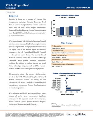 OFFERING MEMORANDUM
539-541Rogers Road
TORONTO, ON
Major Employers
Employers
Toronto is home to a number of Fortune 500
headquarters, including: Manulife Financial; Royal
Bank of Canada; George Weston; Toronto Dominion
Bank; Bank of Nova Scotia; Magna International;
Onex; and Sun Life Financial. Greater Toronto contains
more than 250,000 individual businesses across a variety
of employment sectors.
With approximately 701,100 jobs in Toronto’s financial
activities sector, Canada’s Big Five banking institutions
provide a large number of employment opportunities in
the region. Two of the world’s largest life insurance
providers — Sun Life Financial and Manulife Financial
— also call the metro home. The municipality of
Markham contains nearly 900 individual technology
companies, which provide numerous high-quality
positions. In addition to various startups and small
firms, technology companies such as IBM, Hewlett-
Packard and Oracle also offer significant employment.
The automotive industry also supports a sizable number
of jobs in the GTA. While Ford, Chrysler and General
Motors’ fabrication facilities are among the top
employers in this sector, a total of 17 automobile parts
manufacturers have deemed Toronto their headquarters
of Canadian operations.
With education and health services providing a major
portion of service sector employment, significant
employers in this segment include the Sunnybrook
Health Sciences Centre; Toronto General Hospital;
University of Toronto; and York University. * Forecast
Sources: Marcus & Millichap Research Services, BLS, Moody's
Analytics, Experian
This information has been secured from sources we believe to be reliable, but we make no representations or warranties, expressed or implied, as to
the accuracy of the information. References to square footage or age are approximate. Buyer must verify the information and bears all risk for any
inaccuracies. Marcus & Millichap is a trademark of Marcus & Millichap Real Estate Investment Services, Inc. Used under license by Marcus &
Millichap Real Estate Investment Services Canada Inc., Brokerage © 2015 W3010077 Marcus & Millichap. All rights reserved.
Air Canada Inc.
Bank of Nova Scotia
Canada Post Corp.
Canadian Imperial Bank of Commerce
Magna International Inc.
Royal Bank of Canada
Toronto Transit Commission
Bank of Montreal
Ford Motor Company of Canada Ltd.
IBM Canada Ltd.
TORONTO
 