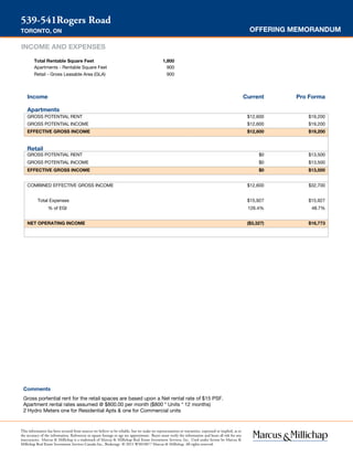 OFFERING MEMORANDUM
539-541Rogers Road
TORONTO, ON
This information has been secured from sources we believe to be reliable, but we make no representations or warranties, expressed or implied, as to
the accuracy of the information. References to square footage or age are approximate. Buyer must verify the information and bears all risk for any
inaccuracies. Marcus & Millichap is a trademark of Marcus & Millichap Real Estate Investment Services, Inc. Used under license by Marcus &
Millichap Real Estate Investment Services Canada Inc., Brokerage © 2015 W3010077 Marcus & Millichap. All rights reserved.
Comments
Gross portential rent for the retail spaces are based upon a Net rental rate of $15 PSF.
Apartment rental rates assumed @ $800.00 per month ($800 * Units * 12 months)
2 Hydro Meters one for Residential Apts & one for Commercial units
Total Rentable Square Feet 1,800
Apartments - Rentable Square Feet 900
Retail - Gross Leasable Area (GLA) 900
Income Current Pro Forma
Apartments
GROSS POTENTIAL RENT $12,600 $19,200
GROSS POTENTIAL INCOME $12,600 $19,200
EFFECTIVE GROSS INCOME $12,600 $19,200
Retail
GROSS POTENTIAL RENT $0 $13,500
GROSS POTENTIAL INCOME $0 $13,500
EFFECTIVE GROSS INCOME $0 $13,500
COMBINED EFFECTIVE GROSS INCOME $12,600 $32,700
Total Expenses $15,927 $15,927
% of EGI 126.4% 48.7%
NET OPERATING INCOME ($3,327) $16,773
INCOME AND EXPENSES
 
