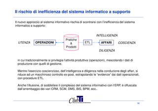 Il rischio di inefficienza del sistema informatico a supporto
Il nuovo approccio al sistema informativo rischia di scontrarsi con l’inefficienza del sistema
informatico a supporto:
OPERAZIONIUTENZA AFFARI
INTELLIGENZA
DILIGENZA
Pratiche
&
Prodotti
ETL COSCIENZA
16
in cui tradizionalmente si privilegia l’attività produttiva (operazioni), mescolando i dati di
produzione con quelli di gestione.
Mentre l’esercizio coscienzioso, dell’intelligenza e diligenza nella conduzione degli affari, si
riduce ad un macchinoso controllo ex-post, estrapolando le “evidenze” dai dati operazionali,
con procedure ETL.
Anche l’illusione, di soddisfare il complesso del sistema informativo con l’ERP, è offuscata
dall’arrembaggio dei vari CRM, SCM, DMS, BIS, BPM, ecc..
 