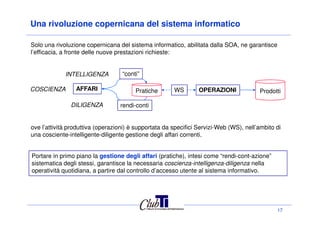 Una rivoluzione copernicana del sistema informatico
Solo una rivoluzione copernicana del sistema informatico, abilitata dalla SOA, ne garantisce
l’efficacia, a fronte delle nuove prestazioni richieste:
OPERAZIONICOSCIENZA AFFARI
INTELLIGENZA
DILIGENZA
ProdottiPratiche WS
“conti”
rendi-conti
17
ove l’attività produttiva (operazioni) è supportata da specifici Servizi-Web (WS), nell’ambito di
una cosciente-intelligente-diligente gestione degli affari correnti.
Portare in primo piano la gestione degli affari (pratiche), intesi come “rendi-cont-azione”
sistematica degli stessi, garantisce la necessaria coscienza-intelligenza-diligenza nella
operatività quotidiana, a partire dal controllo d’accesso utente al sistema informativo.
 