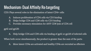 Mechanism: Dual Affinity Re-targeting
CD3: Plays several roles in the elimination of latent CD4+ cells:
A. Induces proliferation of CD4 cells via CD3 binding
B. Helps bridge CD4 and CD8 cells via CD3 binding
C. Provides necessary stimulation for ANY CD8 lysis of CD4 cell
gp41 and gp120:
A. Help bridge CD4 and CD8 cells via binding of gp41 or gp120 of infected cells
When both occur simultaneously, the product is greater than the sum of the parts:
A. More latent CD4s are activated and healthy CD4s are recruited as effectors
 