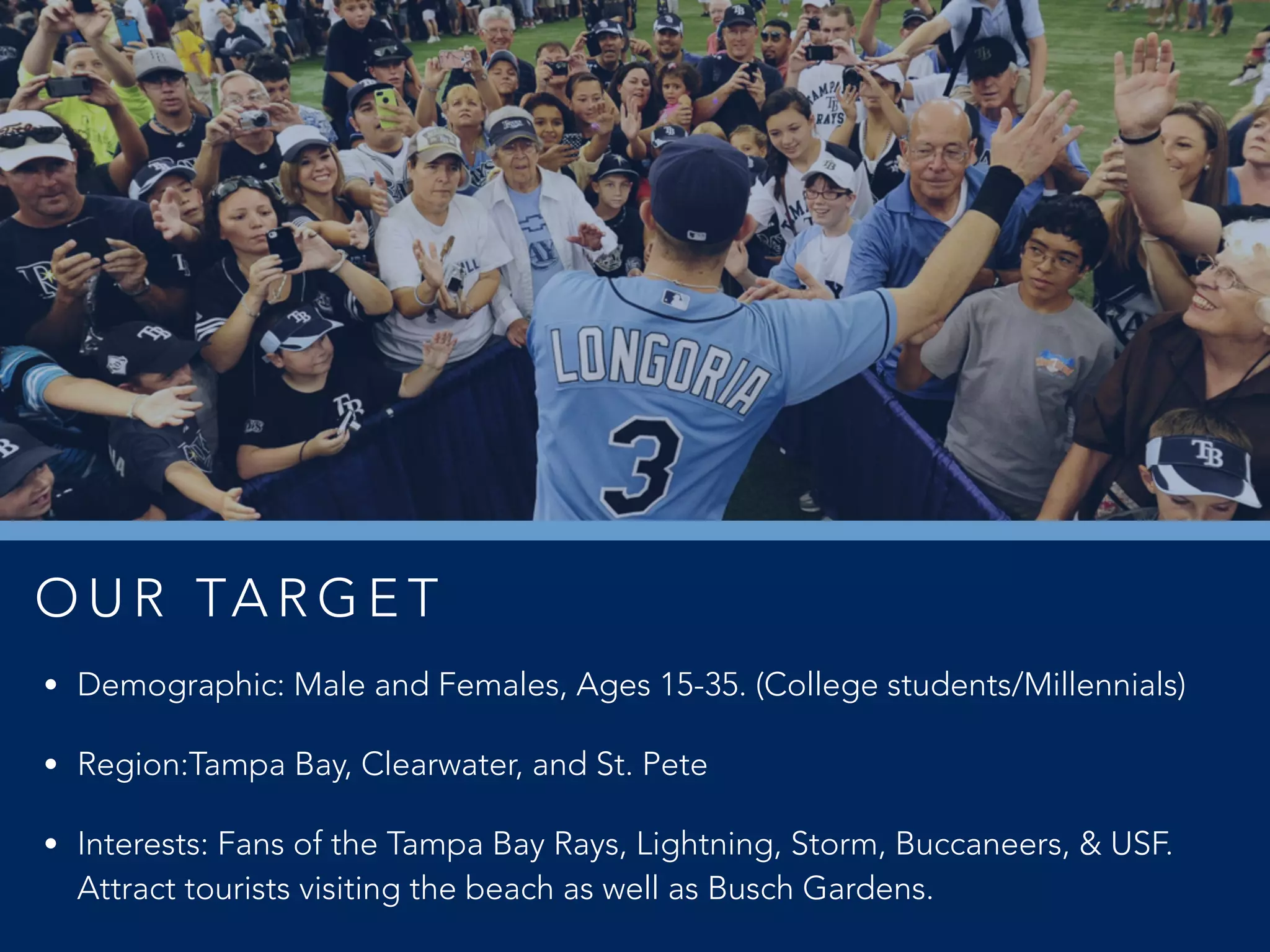 O U R TA R G E T
• Demographic: Male and Females, Ages 15-35. (College students/Millennials)
• Region:Tampa Bay, Clearwater, and St. Pete
• Interests: Fans of the Tampa Bay Rays, Lightning, Storm, Buccaneers, & USF.
Attract tourists visiting the beach as well as Busch Gardens.
 