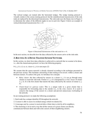 International Journal of Wireless & Mobile Networks (IJWMN) Vol. 9, No. 5, October 2017
73
The vertical wedges are trained after the horizontal wedges. The wedge training protocol is
virtually similar to the corona training protocol, but the omnidirectional transmissions of the sink
node are replaced by the directional transmissions. The sink node uses the binary tree in Figure 2
to determine the values of the different angles to use in each slot. Figure 4 shows an example of
vertical directional transmissions for n = 8:
Figure 4: Directional transmissions of the sink node for n = 8.
In the next section, we describe how the data collected by the sensors arrive at the sink node.
3. ROUTING IN A DENSE TRAINED SENSOR NETWORK
In this section, we show how data collection is achieved in a network that we assume to be dense,
i.e., after the clusterisation protocol, we have the following property:
∀ (i, j, k) ≤ (l, m, n), cluster (i, j, k) is not empty (2)
We assume that the sensor network is already clustered according to the technique presented in
the previous section. This facilitates structuring of data routing at two levels: within a cluster and
between clusters. To achieve this goal, we introduce two concepts:
• Relay cluster: the data collected by sensors in a cluster (i, j, k) can go through many
clusters to reach the sink node. Cluster (i-1, j, k) is designated as a relay cluster of cluster
(i, j, k). It is the first cluster that transits the data collected by the sensors of cluster (i, j,
k);
• Cluster-head (or gateway node): This is a unique node in a given cluster that is
responsible for forwarding data to the outside (i.e., to the relay cluster). It is used to
conserve the energy of the sensors in a cluster and prevent unnecessary overloading of
the network.
In our routing protocol, we make the following assumptions:
1. Each node has a unique identifier ID throughout the network;
2. A sensor is able to assess its residual energy (which we denote Er);
3. A message sent by a sensor is received after a finite time (a slot) by all its neighbors;
4. The clustering is set in such a way that all the sensors of a given cluster can directly
communicate between them and with some sensors of their neighboring clusters.
 