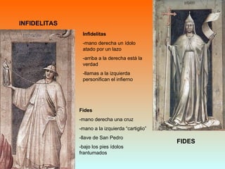 INFIDELITAS
FIDES
Fides
-mano derecha una cruz
-mano a la izquierda “cartiglio”
-llave de San Pedro
-bajo los pies ídolos
frantumados
Infidelitas
-mano derecha un ídolo
atado por un lazo
-arriba a la derecha está la
verdad
-llamas a la izquierda
personifican el infierno
 