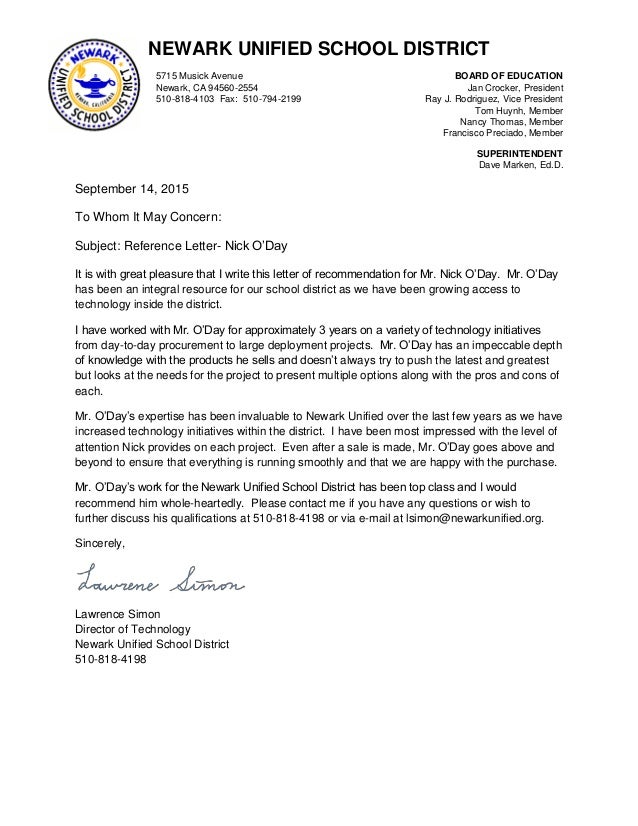 newark usd recommendation letter of recommendation for school board member