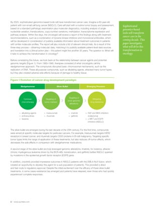 3 | www.quintiles.com
By 2025, sophisticated genomics-based tools will have transformed cancer care. Imagine a 60-year-old
patient with non-small cell lung cancer (NSCLC). Care will start with a routine tumor biopsy and assessment,
based on a standard pathologic examination plus molecular diagnostics, including analysis of single
nucleotide variation, translocations, copy-number variations, methylation, transcriptome expression and
pathway analysis. Within five days, the oncologist will receive a report of the findings along with treatment
recommendations, such as a combination of tyrosine kinase inhibitors and monoclonal antibodies, which
will be developed in consideration of publicly available information about treatment outcomes in patients
with similar molecular profiles. The report will also include a list of relevant clinical trials. As a result of this
three-step process – obtaining molecular data, matching it to publicly available patient-level data sources
and translation into a clinical action plan – the patient might live another 35 years. The question is: What will
it take to achieve this transformation in oncology?
Before considering this future, we look back at the relationship between cancer agents and potential
genomic targets (Figure 1). From 1960–1990, therapies consisted of what oncologists call the
sledgehammer approach. The compounds disrupted basic chromosomal mechanisms, such as the
replication of DNA. These all-purpose compounds, such as alkylating agents, attacked many tumor types,
but they also created adverse side effects because of damage to healthy tissue.
The silver-bullet era emerged during the last decade of the 20th century. For the first time, compounds
were aimed at specific molecular targets for particular cancers. For example, trastuzumab targets HER2
receptors in breast cancer, and rituximab targets CD20 proteins in B-cell malignancy. Targeting specific
tumor types limits the range of application of these treatments, but also reduces off-tumor effects, which
decreases the side effects in comparison with sledgehammer medications.
A second stage of the silver-bullet era truly leveraged genomic alterations. Imatinib, for instance, attacks
chronic myelogenous leukemia driven by the BCR-ABL translocation, and gefitinib battles NSCLC sparked
by mutations in the epidermal growth factor receptor (EGFR) gene.
In addition, crizotinib provided impressive outcomes in NSCLC patients with the EML4-ALK fusion, which
created an opportunity to develop this agent for a sub-population of patients. This provided a direct
and fast route to regulatory approval. Despite the initial excitement over the efficacy of these silver-bullet
treatments, in some cases resistance has emerged and patients have relapsed, even those who had quickly
experienced complete responses.
Sophisticated
genomics-based
tools will transform
cancer care in the
coming decade. This
paper investigates
what will drive this
transformation in
oncology.
Figure 1 Evolution of cancer drug development paradigm
> alkylating agents
> anthracyclines
> taxanes
> trastuzumab
> rituximab
> imatinib
> gefitinib
> RAF and MEK inhibition
(melanoma)
> c-MET and EGFR
inhibition (NSCLC)
Sledgehammer
Targeting of
tumor markers
Targeting of
driver genomic
alterations
Mitigating
drug resistance
Silver Bullet Emerging Precision
Cytotoxic
chemotherapy
 