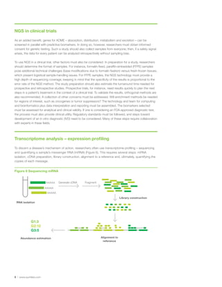 9 | www.quintiles.com
NGS in clinical trials
As an added benefit, genes for ADME – absorption, distribution, metabolism and excretion – can be
screened in parallel with predictive biomarkers. In doing so, however, researchers must obtain informed
consent for genetic testing. Such a study should also collect samples from everyone; then, if a safety signal
arises, the data for every patient can be analyzed retrospectively without sampling bias.
To use NGS in a clinical trial, other factors must also be considered. In preparation for a study, researchers
should determine the format of samples. For instance, formalin-fixed, paraffin-embedded (FFPE) samples
pose additional technical challenges (base modifications due to formalin fixation) versus fresh-frozen tissues,
which present logistical sample-handling issues. For FFPE samples, the NGS technology must provide a
high depth of sequencing coverage, keeping in mind that the specificity of the results is proportional to the
error rate of the NGS method. The study preparation should also estimate the turnaround time needed for
prospective and retrospective studies. Prospective trials, for instance, need results quickly to plan the next
steps in a patient’s treatment in the context of a clinical trial. To validate the results, orthogonal methods are
also recommended. A collection of other concerns must be addressed. Will enrichment methods be needed
for regions of interest, such as oncogenes or tumor suppressors? The technology and team for computing
and bioinformatics plus data interpretation and reporting must be assembled. The biomarkers selected
must be assessed for analytical and clinical validity. If one is considering an FDA-approved diagnostic test,
the process must also provide clinical utility. Regulatory standards must be followed, and steps toward
development of an in vitro diagnostic (IVD) need to be considered. Many of these steps require collaboration
with experts in these fields.
Transcriptome analysis – expression profiling
To discern a disease’s mechanism of action, researchers often use transcriptome profiling – sequencing
and quantifying a sample’s messenger RNA (mRNA) (Figure 6). This requires several steps: mRNA
isolation, cDNA preparation, library construction, alignment to a reference and, ultimately, quantifying the
copies of each message.
Figure 6 Sequencing mRNA
AAAAA
AAAAA
AAAAA
Generate cDNA Fragment
Library construction
Alignment to
reference
RNA isolation
Abundance estimation
G1:3
G2:12
G3:5
 