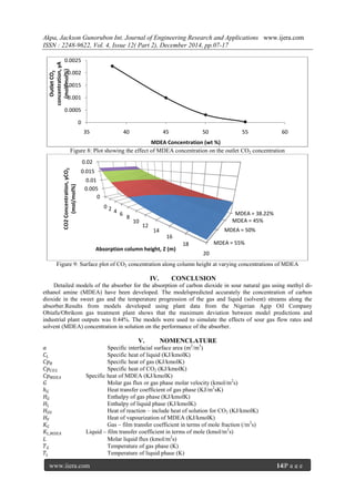 Akpa, Jackson Gunorubon Int. Journal of Engineering Research and Applications www.ijera.com
ISSN : 2248-9622, Vol. 4, Issue 12( Part 2), December 2014, pp.07-17
www.ijera.com 14|P a g e
Figure 8: Plot showing the effect of MDEA concentration on the outlet CO2 concentration
Figure 9: Surface plot of CO2 concentration along column height at varying concentrations of MDEA
IV. CONCLUSION
Detailed models of the absorber for the absorption of carbon dioxide in sour natural gas using methyl di-
ethanol amine (MDEA) have been developed. The modelspredicted accurately the concentration of carbon
dioxide in the sweet gas and the temperature progression of the gas and liquid (solvent) streams along the
absorber.Results from models developed using plant data from the Nigerian Agip Oil Company
Obiafu/Obrikom gas treatment plant shows that the maximum deviation between model predictions and
industrial plant outputs was 0.44%. The models were used to simulate the effects of sour gas flow rates and
solvent (MDEA) concentration in solution on the performance of the absorber.
V. NOMENCLATURE
𝑎 Specific interfacial surface area (m2
/m3
)
𝐶𝐿 Specific heat of liquid (KJ/kmolK)
𝐶𝑝 𝐵 Specific heat of gas (KJ/kmolK)
𝐶𝑝 𝐶𝑂2 Specific heat of CO2 (KJ/kmolK)
𝐶𝑝 𝑀𝐷𝐸𝐴 Specific heat of MDEA (KJ/kmolK)
𝐺 Molar gas flux or gas phase molar velocity (kmol/m2
s)
𝑕 𝐺 Heat transfer coefficient of gas phase (KJ/m2
sK)
𝐻 𝐺 Enthalpy of gas phase (KJ/kmolK)
𝐻𝐿 Enthalpy of liquid phase (KJ/kmolK)
𝐻 𝑂𝑆 Heat of reaction – include heat of solution for CO2 (KJ/kmolK)
𝐻 𝑉 Heat of vapourization of MDEA (KJ/kmolK)
𝐾𝐺 Gas – film transfer coefficient in terms of mole fraction (/m2
s)
𝐾𝐿,𝑀𝐷𝐸𝐴 Liquid – film transfer coefficient in terms of mole (kmol/m2
s)
𝐿 Molar liquid flux (kmol/m2
s)
𝑇 𝐺 Temperature of gas phase (K)
𝑇𝐿 Temperature of liquid phase (K)
0
0.0005
0.001
0.0015
0.002
0.0025
35 40 45 50 55 60
OutletCO2
concentration,yA
(mol/mol%)
MDEA Concentration (wt %)
MDEA = 55%
MDEA = 50%
MDEA = 45%
MDEA = 38.22%
0
0.005
0.01
0.015
0.02
0 2 4 6
8
10
12
14
16
18
20
CO2Concentration,yCO2
(mol/mol%)
Absorption column height, Z (m)
 