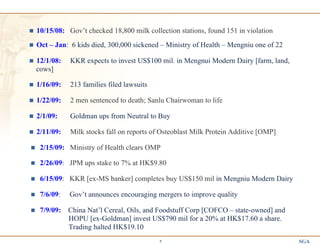 SGA5
n  10/15/08: Gov’t checked 18,800 milk collection stations, found 151 in violation
n  Oct – Jan: 6 kids died, 300,000 sickened – Ministry of Health – Mengniu one of 22
n  12/1/08: KKR expects to invest US$100 mil. in Mengnui Modern Dairy [farm, land,
cows]
n  1/16/09: 213 families filed lawsuits
n  1/22/09: 2 men sentenced to death; Sanlu Chairwoman to life
n  2/1/09: Goldman ups from Neutral to Buy
n  2/11/09: Milk stocks fall on reports of Osteoblast Milk Protein Additive [OMP]
n  2/15/09: Ministry of Health clears OMP
n  2/26/09: JPM ups stake to 7% at HK$9.80
n  6/15/09: KKR [ex-MS banker] completes buy US$150 mil in Mengniu Modern Dairy
n  7/6/09: Gov’t announces encouraging mergers to improve quality
n  7/9/09: China Nat’l Cereal, Oils, and Foodstuff Corp [COFCO – state-owned] and
HOPU [ex-Goldman] invest US$790 mil for a 20% at HK$17.60 a share.
Trading halted HK$19.10
 