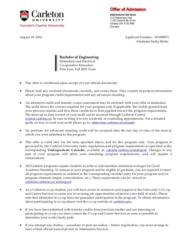 Carleton Acceptance Letter