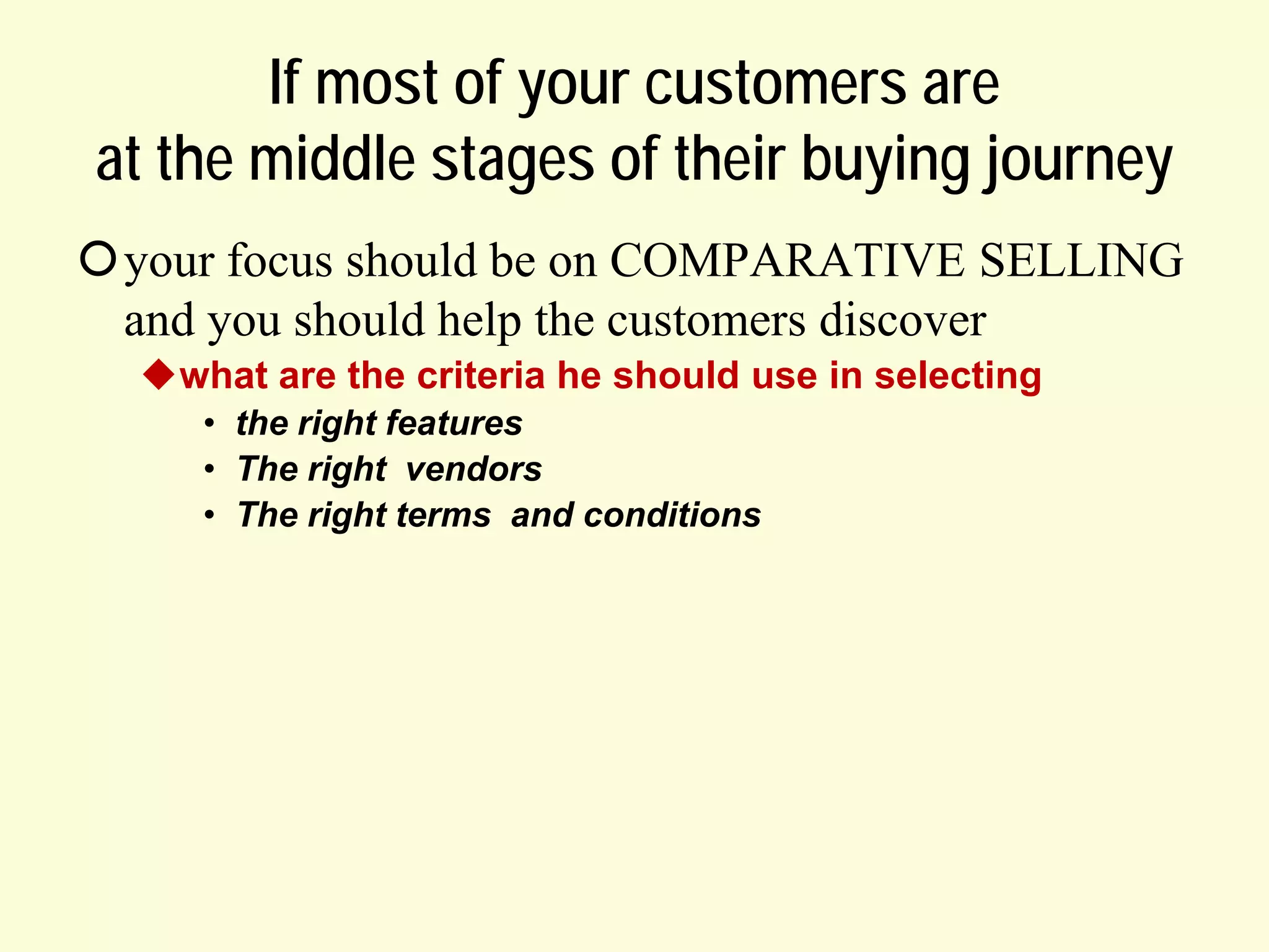 If most of your customers are
at the middle stages of their buying journey
your focus should be on COMPARATIVE SELLING
and you should help the customers discover
what are the criteria he should use in selecting
• the right features
• The right vendors
• The right terms and conditions

 