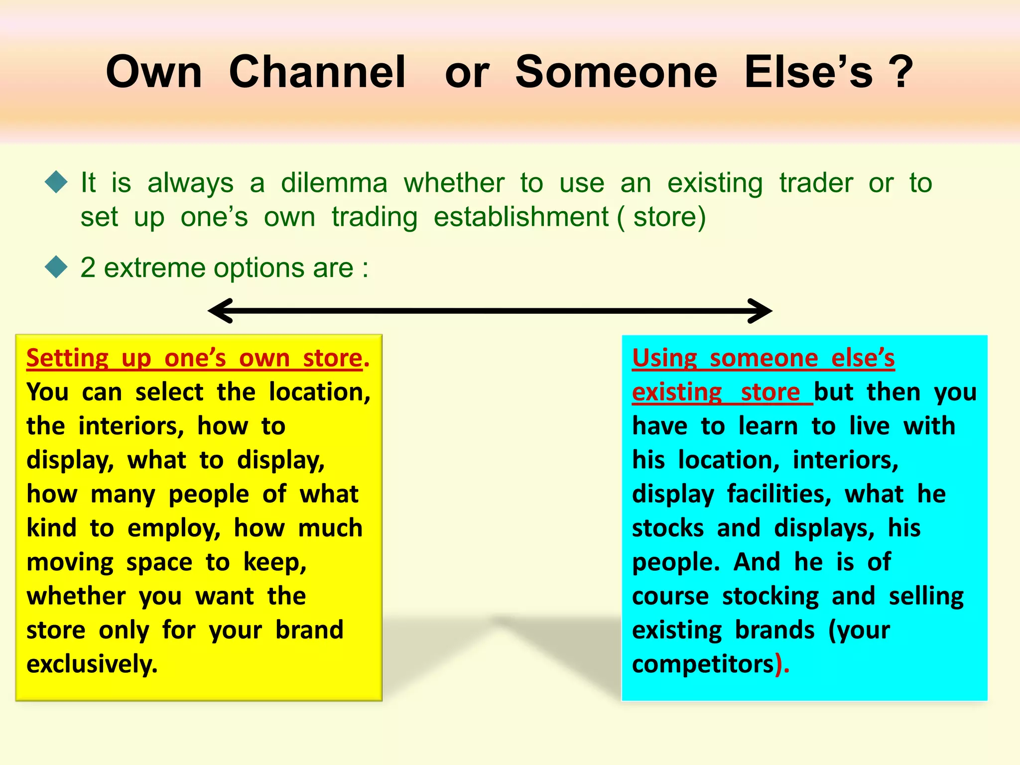 Own Channel or Someone Else’s ?
 It is always a dilemma whether to use an existing trader or to
set up one’s own trading establishment ( store)
 2 extreme options are :
Setting up one’s own store.
You can select the location,
the interiors, how to
display, what to display,
how many people of what
kind to employ, how much
moving space to keep,
whether you want the
store only for your brand
exclusively.

Using someone else’s
existing store but then you
have to learn to live with
his location, interiors,
display facilities, what he
stocks and displays, his
people. And he is of
course stocking and selling
existing brands (your
competitors).

 