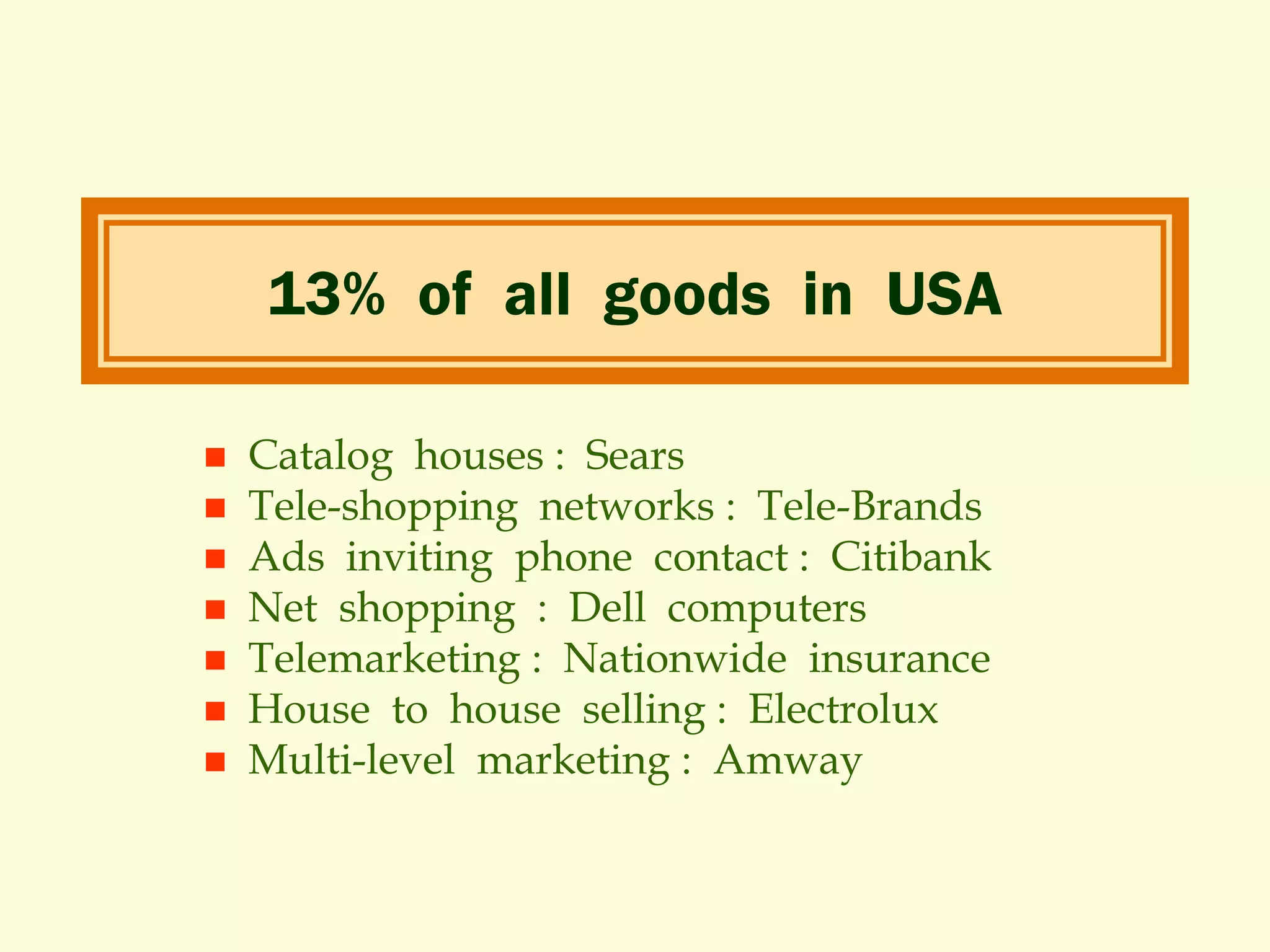 13% of all goods in USA








Catalog houses : Sears
Tele-shopping networks : Tele-Brands
Ads inviting phone contact : Citibank
Net shopping : Dell computers
Telemarketing : Nationwide insurance
House to house selling : Electrolux
Multi-level marketing : Amway

 