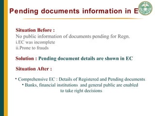 Pending documents information in EC
THE CAIN PROJECT
Situation Before :
No public information of documents pending for Regn.
i.EC was incomplete
ii.Prone to frauds
Solution : Pending document details are shown in EC
Situation After :
• Comprehensive EC : Details of Registered and Pending documents
• Banks, financial institutions and general public are enabled
to take right decisions
 