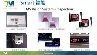 Confidential
TM5 Vision System - Inspection
Smart 智能
22
一維與二維條碼讀取 使用特定色彩面積計算液體容量 物件計數
距離與角度量測 使用毛邊檢測功能判斷IC損件 辨識7段顯示器數值
 