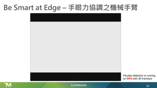 Confidential
Be Smart at Edge – 手眼力協調之機械手臂
24
Intruder detection is running
on GPU with 30 frames/s
 