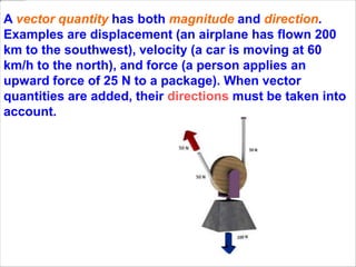 A vector quantity has both magnitude and direction.
Examples are displacement (an airplane has flown 200
km to the southwest), velocity (a car is moving at 60
km/h to the north), and force (a person applies an
upward force of 25 N to a package). When vector
quantities are added, their directions must be taken into
account.
 