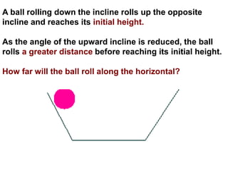 A ball rolling down the incline rolls up the opposite
incline and reaches its initial height.
As the angle of the upward incline is reduced, the ball
rolls a greater distance before reaching its initial height.
How far will the ball roll along the horizontal?
 