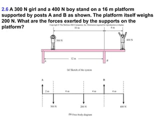 2.6 A 300 N girl and a 400 N boy stand on a 16 m platform
supported by posts A and B as shown. The platform itself weighs
200 N. What are the forces exerted by the supports on the
platform?
 