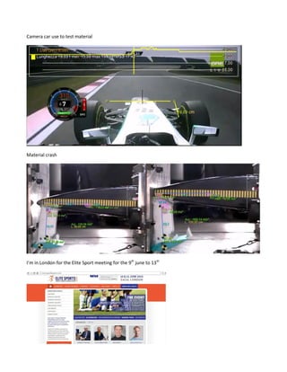 Camera car use to test material
Material crash
I’m in London for the Elite Sport meeting for the 9th
june to 13th
 