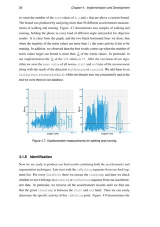 36 Chapter 4. Implementation and Development
to count the number of the norm values of x, y and z that are above a custom bound.
The bound was produced by analyzing more than 50 different accelerometer measure-
ments of walking and running. Figure 4.7 demonstrates two samples of walking and
running, holding the phone in every kind of different angle and pocket for objective
results. It is clear from the graph, and the two black horizontal lines we draw, that
when the majority of the norm values are more than 24 the users activity it has to be
running. In addition, we observed than the best results comes up when the number of
norm values larger our bound is more than 1
10 of the whole values. In particular, in
our implementation the 1
10 of the 500 values is 50. After the execution of our algo-
rithm we store the mean value of all norms, start and end time of the measurement
along with the result of the detection (notRunning or running). We add them in an
Collections.synchronizedList while our threads may run concurrently and at the
end we store them in our database.
Figure 4.7: Accelerometer measurements for walking and running
4.1.5 Identiﬁcation
Now we are ready to produce our ﬁnal results combining both the accelerometer and
segmentation techniques. Lets start with the isWalking segments from our ﬁnal seg-
ment list. For every DataPoint there we extract the timestamp and then we check
whether or not it belongs in a running or notRunning sequence from our accelerom-
eter data. In particular, we traverse all the accelerometer records until we ﬁnd one
that the given timestamp is between the start and end label. Then we can easily
determine the speciﬁc activity of this isWalking point. Figure 4.9 demonstrates the
 