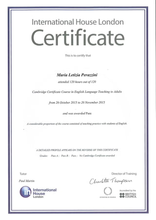 Marialetizia Perazzini CELTA Certificate and reference