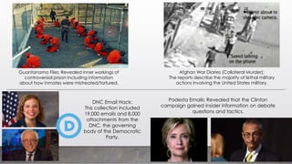 Guantanamo Files: Revealed inner workings of
controversial prison including information
about how inmates were mistreated/tortured.
Afghan War Diaries (Collateral Murder):
The reports describe the majority of lethal military
actions involving the United States military.
DNC Email Hack:
This collection included
19,000 emails and 8,000
attachments from the
DNC, the governing
body of the Democratic
Party.
Podesta Emails: Revealed that the Clinton
campaign gained insider information on debate
questions and tactics.
 