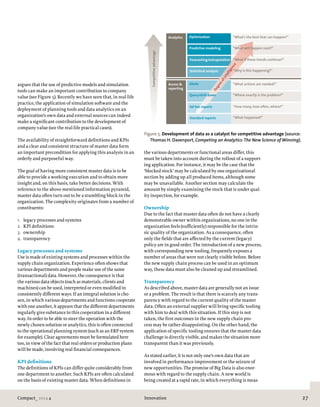 Compact_ 2014 4 27Innovation
the various departments or functional areas differ, this
must be taken into account during the rollout of a support-
ing application. For instance, it may be the case that the
‘blocked stock’ may be calculated by one organizational
section by adding up all produced items, although some
may be unavailable. Another section may calculate the
amount by simply examining the stock that is under qual-
ity inspection, for example.
Ownership
Due to the fact that master data often do not have a clearly
demonstrable owner within organizations, no one in the
organization feels (sufficiently) responsible for the intrin-
sic quality of the organization. As a consequence, often
only the fields that are affected by the current (legacy)
policy are in good order. The introduction of a new process,
with corresponding new tooling, frequently exposes a
number of areas that were not clearly visible before. Before
the new supply chain process can be used in an optimum
way, these data must also be cleaned up and streamlined.
Transparency
As described above, master data are generally not an issue
or a problem. The result is that there is scarcely any trans-
parency with regard to the current quality of the master
data. Often an external supplier will bring specific tooling
with him to deal with this situation. If this step is not
taken, the first outcomes in the new supply chain pro-
cess may be rather disappointing. On the other hand, the
application of specific tooling ensures that the master data
challenge is directly visible, and makes the situation more
transparent than it was previously.
As stated earlier, it is not only one’s own data that are
involved in performance improvement or the seizure of
new opportunities. The promise of Big Data is also enor-
mous with regard to the supply chain. A new world is
being created at a rapid rate, in which everything is meas-
argues that the use of predictive models and simulation
tools can make an important contribution to company
value (see Figure 5). Recently we have seen that, in real-life
practice, the application of simulation software and the
deployment of planning tools and data analytics on an
organization’s own data and external sources can indeed
make a significant contribution to the development of
company value (see the real-life practical cases).
The availability of straightforward definitions and KPIs
and a clear and consistent structure of master data form
an important precondition for applying this analysis in an
orderly and purposeful way.
The goal of having more consistent master data is to be
able to provide a working execution and to obtain more
insight and, on this basis, take better decisions. With
reference to the above-mentioned information pyramid,
master data often turn out to be a stumbling block in the
organization. The complexity originates from a number of
constituents:
1.	 legacy processes and systems
2.	 KPI definitions
3.	 ownership
4.	 transparency
Legacy processes and systems
Use is made of existing systems and processes within the
supply chain organization. Experience often shows that
various departments and people make use of the same
(transactional) data. However, the consequence is that
the various data objects (such as materials, clients and
machines) can be used, interpreted or even modified in
consistently different ways. If an integral solution is cho-
sen, in which various departments and functions cooperate
with one another, it appears that the different departments
regularly give substance to this cooperation in a different
way. In order to be able to steer the operation with the
newly chosen solution or analytics, this is often connected
to the operational planning system (such as an ERP system
for example). Clear agreements must be formulated here
too, in view of the fact that real orders or production plans
will be made, involving real financial consequences.
KPI definitions
The definitions of KPIs can differ quite considerably from
one department to another. Such KPIs are often calculated
on the basis of existing master data. When definitions in
“What’s the best that can happen?”
Competitiveadvantage
Degreeofintelligence
“What will happen next?”
“What if these trends continue?”
“Why is this happening?”
Analytics
Predictive modeling
Optimization
Forecasting/extrapolation
Statistical analysis
“What actions are needed?”
“Where exactly is the problem?”
“How many, how often, where?”
“What happened?”
Access &
reporting
Query/drill down
Alerts
Ad hoc reports
Standard reports
Figure 5. Development of data as a catalyst for competitive advantage (source:
Thomas H. Davenport, Competing on Analytics:The New Science of Winning).
 