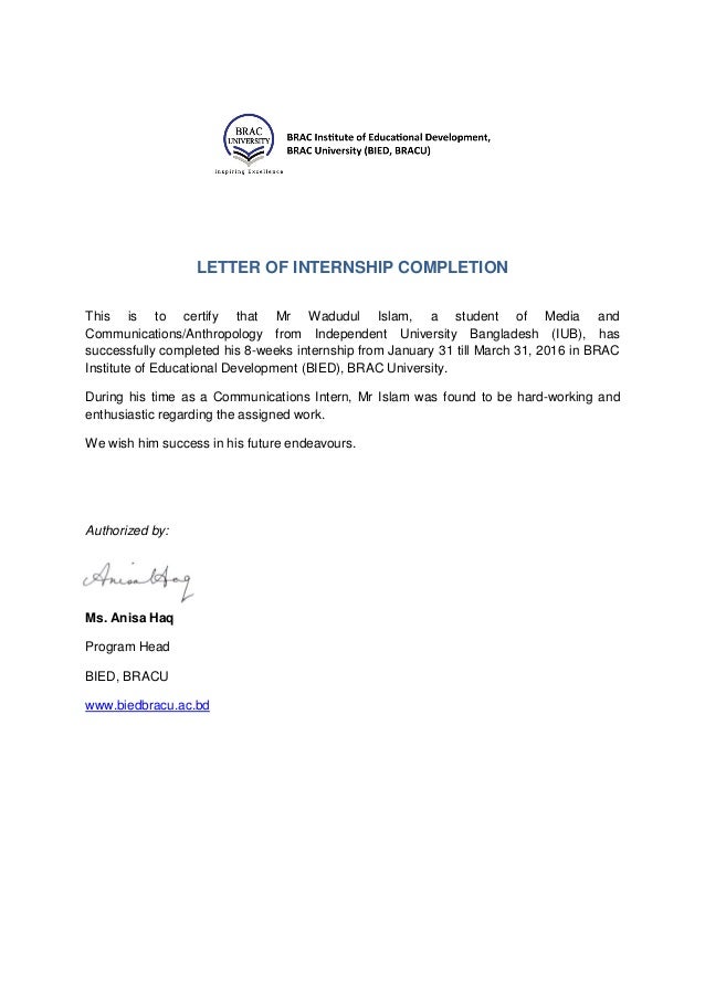 LETTER OF INTERNSHIP COMPLETION