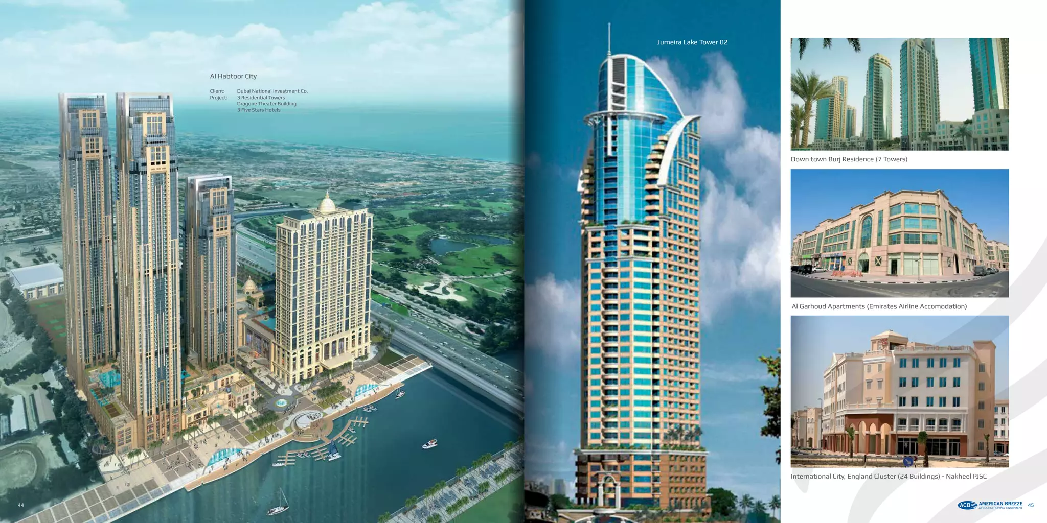 Jumeira Lake Tower 02
Down town Burj Residence (7 Towers)
Al Garhoud Apartments (Emirates Airline Accomodation)
International City, England Cluster (24 Buildings) - Nakheel PJSC
44 45
Al Habtoor City
Client: 	 Dubai National Investment Co.
Project: 	 3 Residential Towers
	 Dragone Theater Building
	 3 Five Stars Hotels
 