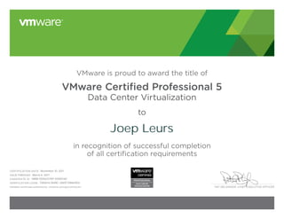 PAT GELSINGER, CHIEF EXECUTIVE OFFICER
VMware is proud to award the title of
VMware Certified Professional 5
Data Center Virtualization
to
in recognition of successful completion
of all certification requirements
CANDIDATE ID:
VERIFICATION CODE:
Validate certificate authenticity: vmware.com/go/verifycert
CERTIFICATION DATE:
VALID THROUGH:
:
Joep Leurs
November 10, 2011
March 6, 2017
VMW-00563375P-00001461
7282642-B4BC-2ADE75B669D2
 
