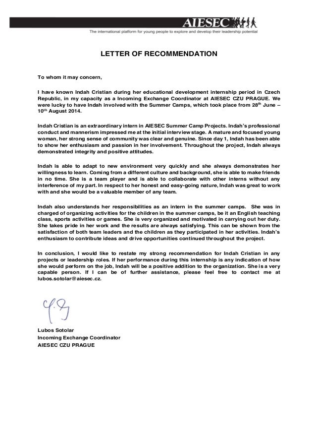 recommendation letter aiesec show a letter of recommendation