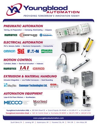 • • • • • • • • • • • • • • • • • • • • • • • • • • • • • • • • • • • • • • • • • • • • • • • • • • • • • • • • • • • • • • • • • • •
ELECTRICAL AUTOMATION
PLC’s, Sensors, Safety • Electronic Components • Connectivity
PROVIDING TOMORROW’S INNOVATION TODAY!
www.youngbloodautomation.com
South Bend, IN | Lansing, MI | Kalamazoo, MI | Traverse City, MI | Flint, MI | Ann Arbor, MI
Youngblood Automation (HQ) • 300 36th Street SE • Grand Rapids, MI 49548 • 616.245.4111 • 616.245.3667
Youngblood Automation (East) • 1681 W. Hamlin Street • Rochester, MI 48309 • 248.475.1999 • 248.287.4103
• • • • • • • • • • • • • • • • • • • • • • • • • • • • • • • • • • • • • • • • • • • • • • • • • • • • • • • • • • • • • • • • • • • • • • • • • • • • • • • • • • • • • • • • • • • • • • • • • • • • • • • • • • • • • • • • • • • • • •
MOTION CONTROL• • • • • • • • • • • • • • • • • • • • • • • • • • • • • • • • • • • • • • • • • • • • • • • • • • • • • •
Cylinders, Slides • Electrical Actuation • Indexers
Quality and Innovation
• • • • • • • • • • • • • • • • • • • • • • • • • • • • • • • • • • • • • • • • • • • • • • • • • • • • • • • • • • •
PNEUMATIC AUTOMATION
Valving, Air Preparation • Clamping, Workholding • Grippers
• • • • • • • • • • • • • • • • • • • • • • • • • • • • • • • • • • • • • • • • • • • • • • • • • • • • •
AUTOMATION EQUIPMENT
Laser & Dot Peen Markers • Bowlfeeders
• • • • • • • • • • • • • • • • • • • • • • • • • • • • • • • • • • • • • • • • • • • • • • • • • • • • • • • • • • • • • • • • • • • • • • •
EXTRUSION & MATERIAL HANDLING
Extrusion Integration • Low Profile Conveyors • Hard Guarding
Conveyor Technologies Ltd.Conveyor Technologies Ltd.
 