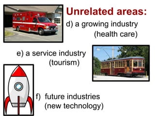 e) a service industry
(tourism)
f) future industries
(new technology)
Unrelated areas:
d) a growing industry
(health care)
 