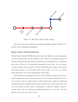 Figure 3-7: Blue Path: Hidden Markov Model
This line heavily uses techniques and ideas from Hidden Markov Models, so we
provide a short background explanation.
Hidden Markov Models Background
Hidden Markov Models (HMMs) fall under Generative Models, as they can generate
not only the label data, but the samples as well. They are of particular interest in
machine learning because they provide a powerful way of modeling data – particularly
data that is believed to be sequentially dependent on each other. As an example,
consider a dataset where the goal is to detect invalid calls from a phone. If the phone
was stolen at time 𝑡, it is very likely all the calls at time 𝑡, 𝑡 + 1, etc. are invalid
which means they are far from independent of each other.
Markov Models are probabilistic versions of State Machines, and they model how a
system changes from time to time, governed by some transition probabilities between
a set of states. They are called Markov models because they contain the additional
assumption that the transition between states depends only on the current state, and
not on the history of states visited. This property is called the “Markov Property”
and the idea is that the transition probability distribution at each state 𝑖 does not
depend on how the system got to state 𝑖.
42
 