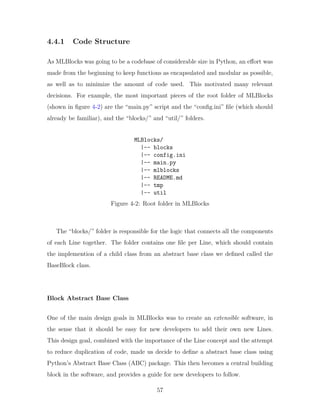 4.4.1 Code Structure
As MLBlocks was going to be a codebase of considerable size in Python, an effort was
made from the beginning to keep functions as encapsulated and modular as possible,
as well as to minimize the amount of code used. This motivated many relevant
decisions. For example, the most important pieces of the root folder of MLBlocks
(shown in figure 4-2) are the “main.py” script and the “config.ini” file (which should
already be familiar), and the “blocks/” and “util/” folders.
MLBlocks/
|-- blocks
|-- config.ini
|-- main.py
|-- mlblocks
|-- README.md
|-- tmp
|-- util
Figure 4-2: Root folder in MLBlocks
The “blocks/” folder is responsible for the logic that connects all the components
of each Line together. The folder contains one file per Line, which should contain
the implemention of a child class from an abstract base class we defined called the
BaseBlock class.
Block Abstract Base Class
One of the main design goals in MLBlocks was to create an extensible software, in
the sense that it should be easy for new developers to add their own new Lines.
This design goal, combined with the importance of the Line concept and the attempt
to reduce duplication of code, made us decide to define a abstract base class using
Python’s Abstract Base Class (ABC) package. This then becomes a central building
block in the software, and provides a guide for new developers to follow.
57
 