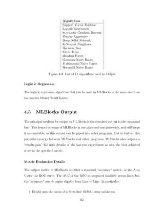 Algorithms
Support Vector Machine
Logistic Regression
Stochastic Gradient Descent
Passive Aggressive
Deep Belief Network
K-Nearest Neighbors
Decision Tree
Extra Trees
Random Forest
Gaussian Naive Bayes
Multinomial Naive Bayes
Bernoulii Naive Bayes
Figure 4-3: List of 11 algorithms used by Delphi
Logistic Regression
The logistic regression algorithm that can be used in MLBlocks is the same one from
the mature library Scikit-Learn.
4.5 MLBlocks Output
The principal medium for output in MLBlocks is the standard output in the command
line. This keeps the usage of MLBlocks in one place and one place only, and still keeps
it automatable, as this output can be piped into other programs. But to further this
potential synergy between MLBlocks and other programs, MLBlocks also outputs a
“results.json” file with details of the last-run experiment as well the best-achieved
score in the specified metric.
Metric Evaluation Details
The output metric in MLBlocks is either a standard “accuracy” metric, or the Area
Under the ROC curve. The AUC of the ROC is computed similarly across lines, but
the “accuracy” metric varies slightly from Line to Line. In particular,
• Delphi uses the mean of a Stratified 10-Fold cross validation.
62
 