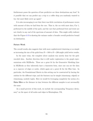 furthermore poses the question of how predictive are these destinations any how? Is
it possible that we can predict say a trip to a coffee shop you randomly wanted to
try, but most likely never go again?
It is also encouraging to see that there was little correlation of performance scores
with amount of data we had from the cars. That is, the car with most data, Car 1,
performed in the middle of the pack, and the cars that performed best and worst are
not clearly in any end of the spectrum of amount of data. This might softly indicate
that the Figure 6-19 is showing the variance under a broader overall predictive bound
on destination.
Future Work
The overall results also suggests that with more sophisticated clustering or as simple
as increasing the size of the grids from 𝑅 = 100 to 𝑅 = 200 might yield better results.
In the same veins, the complete above analysis was merely done for the grid-
encoded data. Another direction that is still under exploration is the graph repre-
sentations with MLBlocks. These are a great fit for the Generative Modeling Line
in MLBlocks as they inherently have a timeseries form, since one can see the data
as a sequence of edges or nodes, which again are a great fit for the Blue Line. In
particular, the Foundational Matrix in this setting can be constructed by having the
entities be the different trips; and the features can be simple (timestamp, edgeid) or
(timestamp, nodeid) tuples. Here we would be leveraging completely the notion of a
Data Slice as the distance in time between the different samples is not necessarilly
the same.
As a small preview of this work, we include the corresponding "frequency dictio-
nary" on the space of all nodes and edges in Birmingham, UK.
94
 