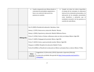 17
 Cuadro comparativo por dilema donde se
contrastan los principales argumentos a
favor y en contra de cada una de las
posturas en cuestión.
 Cumple con todos los rubros requeridos,
el manejo de los conceptos, la coherencia
interna de los elementos presentados y la
adecuación de los ejemplos presentados
como beneficios y perjuicios que el
estudiante encuentre con las posturas en
cuestión de cada dilema.
Bibliografía
Carr, D. (2005). El sentido de la educación . Barcelona : Graó.
Dewey, J. (1995). Democracia y educación. Madrid : Morata.
Dewey, J. (2004). Experiencia y educación. Madrid: Biblioteca Nueva .
Freire, P. (1996). Cartas a Cristina: reflexiones sobre mi vida y mi trabajo. México: Siglo XXI.
Freire, P. (2005). Pedagogía del oprimido. México: Siglo XXI.
Freire, P. (2010). Cartas a quien pretende enseñar. México: Siglo XXI.
Vázquez, G. (2008). Filosofía de la educación. Madrid: Trotta.
Yurén, M. (2008). La Filosofía de la educación en México: principios fines y valores. México: Trillas.
Otros
recursos
Guggenheim, D. (Dirección). (2010). Esperando a Superman [Película].
La educación prohibida. Recuperado de http://www.youtube.com/watch?v=-
1Y9OqSJKCc
 