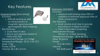 Key Features
Magnetometer (SpaceMag)
Function:
 Altitude sensing as well
as measurement of
magnetic signature and
geomagnetic field mapping
Key Features:
 3-axis field of view
 Shock and vibration tested to
NASA-STD-7001
Measurement Range: (+/-)100𝞵T
Temperature Range: -55 to +125 (°C)
Mass: 175g
Power: 0.57W
Volume: 40 x 40 x 31mm
Dosimeter (UDOS007)
Function:
 Measure total ionizing dose (TID) of
radiation to estimate exposure rates of
other components
Key Features:
 Small volume and mass to provide
mounting for multiple locations
 Class K equivalent screening
Measurement Range:
100 keV to 15 MeV (Ionizing)
Temperature Range: -30 to 45 (°C)
Mass: 20 grams
Power:
13 to 40 (VDC)
Volume:
922.3248 (𝑚𝑚3)
9
 