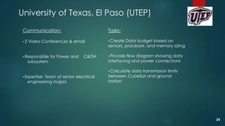 University of Texas, El Paso (UTEP)
Communication:
• 2 Video Conferences & email
• Responsible for Power and C&DH
subsystem
• Expertise: Team of senior electrical
engineering majors
Tasks:
• Create Data budget based on
sensors, processor, and memory sizing
• Provide flow diagram showing data
interfacing and power connections
• Calculate data transmission limits
between CubeSat and ground
station
24
 