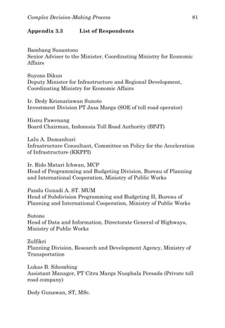 Complex Decision-Making Process 81
Appendix 3.3 List of Respondents
Bambang Susantono
Senior Adviser to the Minister, Coordinating Ministry for Economic
Affairs
Suyono Dikun
Deputy Minister for Infrastructure and Regional Development,
Coordinating Ministry for Economic Affairs
Ir. Dedy Krisnariawan Sunoto
Investment Division PT Jasa Marga (SOE of toll road operator)
Hisnu Pawenang
Board Chairman, Indonesia Toll Road Authority (BPJT)
Lalu A. Damanhuri
Infrastructure Consultant, Committee on Policy for the Acceleration
of Infrastructure (KKPPI)
Ir. Rido Matari Ichwan, MCP
Head of Programming and Budgeting Division, Bureau of Planning
and International Cooperation, Ministry of Public Works
Pandu Gunadi A. ST. MUM
Head of Subdivision Programming and Budgeting II, Bureau of
Planning and International Cooperation, Ministry of Public Works
Sutono
Head of Data and Information, Directorate General of Highways,
Ministry of Public Works
Zulfikri
Planning Division, Research and Development Agency, Ministry of
Transportation
Lukas B. Sihombing
Assistant Manager, PT Citra Marga Nusphala Persada (Private toll
road company)
Dedy Gunawan, ST, MSc.
 