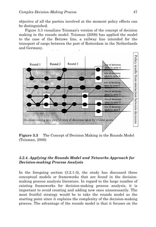 Complex Decision-Making Process 47
objective of all the parties involved at the moment policy effects can
be distinguished.
Figure 3.3 visualizes Teisman’s version of the concept of decision
making in the rounds model. Teisman (2000) has applied the model
to the case of the Betuwe line, a railway line intended for the
transport of cargo between the port of Rotterdam in the Netherlands
and Germany.
Figure 3.3 The Concept of Decision Making in the Rounds Model
(Teisman, 2000)
3.2.4. Applying the Rounds Model and Networks Approach for
Decision-making Process Analysis
In the foregoing section (3.2.1-3), the study has discussed three
conceptual models or frameworks that are found in the decision-
making process analysis literature. In regard to the large number of
existing frameworks for decision-making process analysis, it is
important to avoid creating and adding new ones unnecessarily. The
most fruitful strategy would be to take the rounds model as the
starting point since it explains the complexity of the decision-making
process. The advantage of the rounds model is that it focuses on the
 