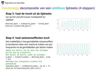 Handmatige decompositie van een additieve tijdreeks (4 stappen)
Stap 3: haal de trend uit de tijdreeks
Stap 4: haal seizoenseffecten eruit
Het makkelijkst is het gemiddelde seizoenseffect
te berekenen door een matrix te maken van per
frequentie en de gemiddelden per kolom maken
detrend_beer = timeserie_beer - trend_beer
plot(as.ts(detrend_beer))
Let op het verschil tussen multiplatief en
additief
#maak een matrix van de data met kolommen
gelijk aan de frequentie
#en kantel de matrix zodat de kolommen
m_beer = t(matrix(data = detrend_beer, nrow
= 4))
#bereken per frequentie element het
gemiddelde
seasonal_beer = colMeans(m_beer, na.rm = T)
plot(as.ts(rep(seasonal_beer,16)))
 
